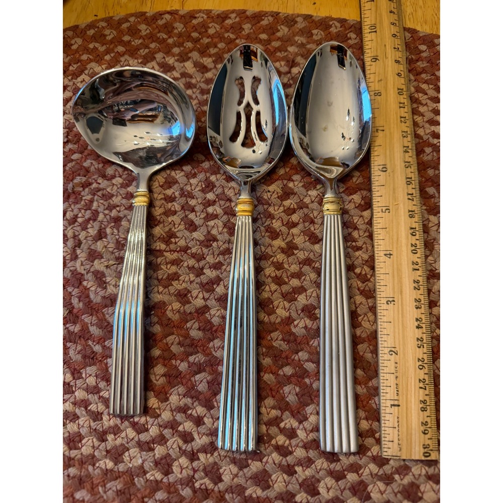 Reed & Barton Serving Set 3pc Silver Gold Accent Ladle Slotted Solid Spoon Korea